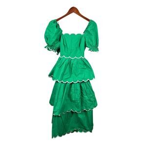 English Factory Women's Size XS Green Tiered Scalloped Puff Sleeve Maxi Dress